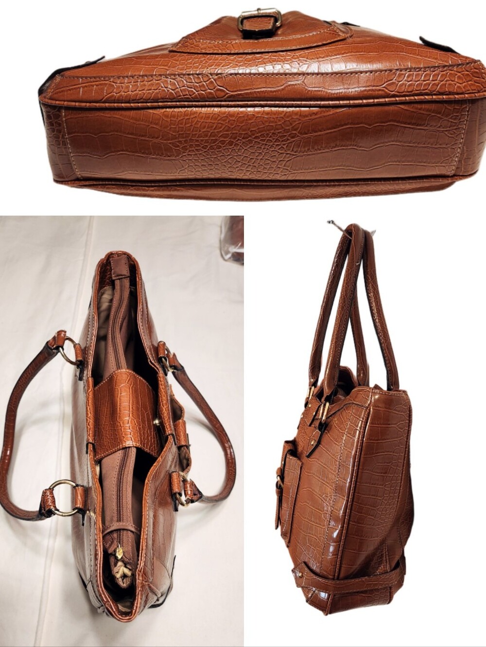 Merona Brown Croc Faux Leather Double Handle Laptop Tote Bag - Picture 6 of 11